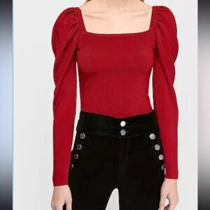 EXPRESS Cropped Puff Sleeve Sweater, Red, Size Medium